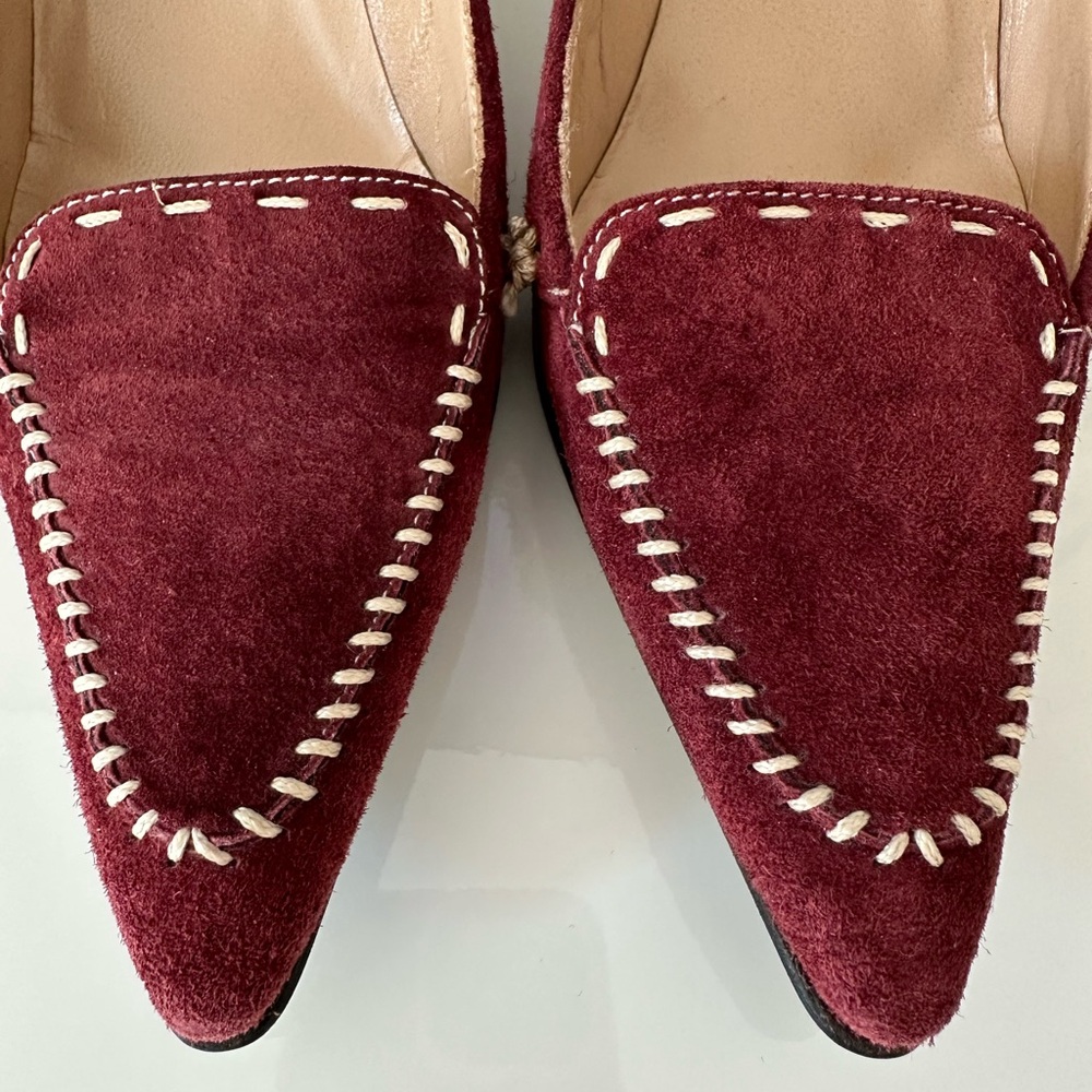 Manolo Blahnik Burgundy Suede Flats with White Stitching